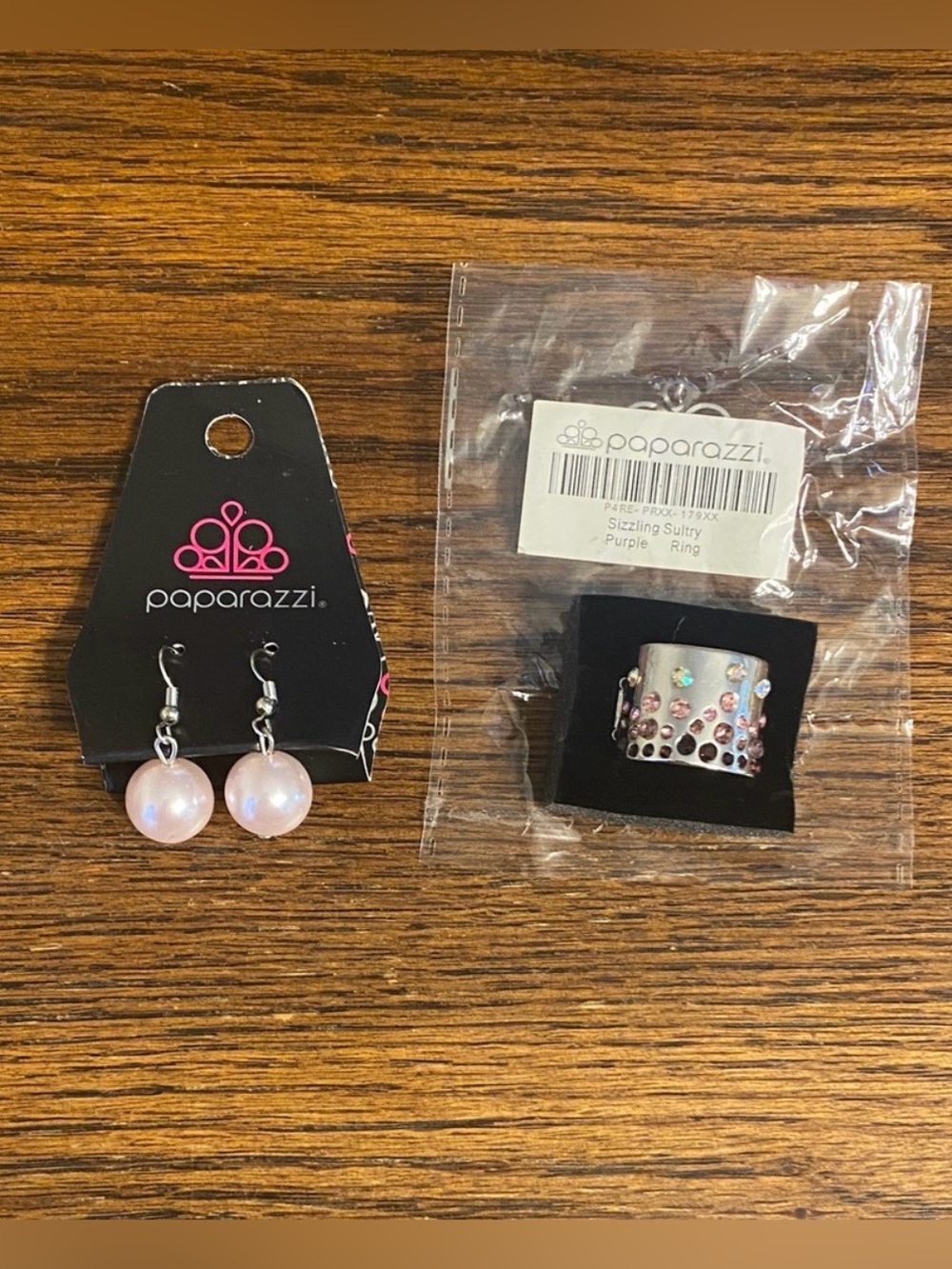 Paparazzi Pink Faux Pearl Drop Earrings & Silver Rhinestone Statement Ring Set